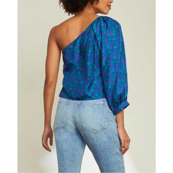 Veronica Beard Lyric Top Cobalt Multi Size 10 One Sleeve Floral Print Blouse - Picture 2 of 5